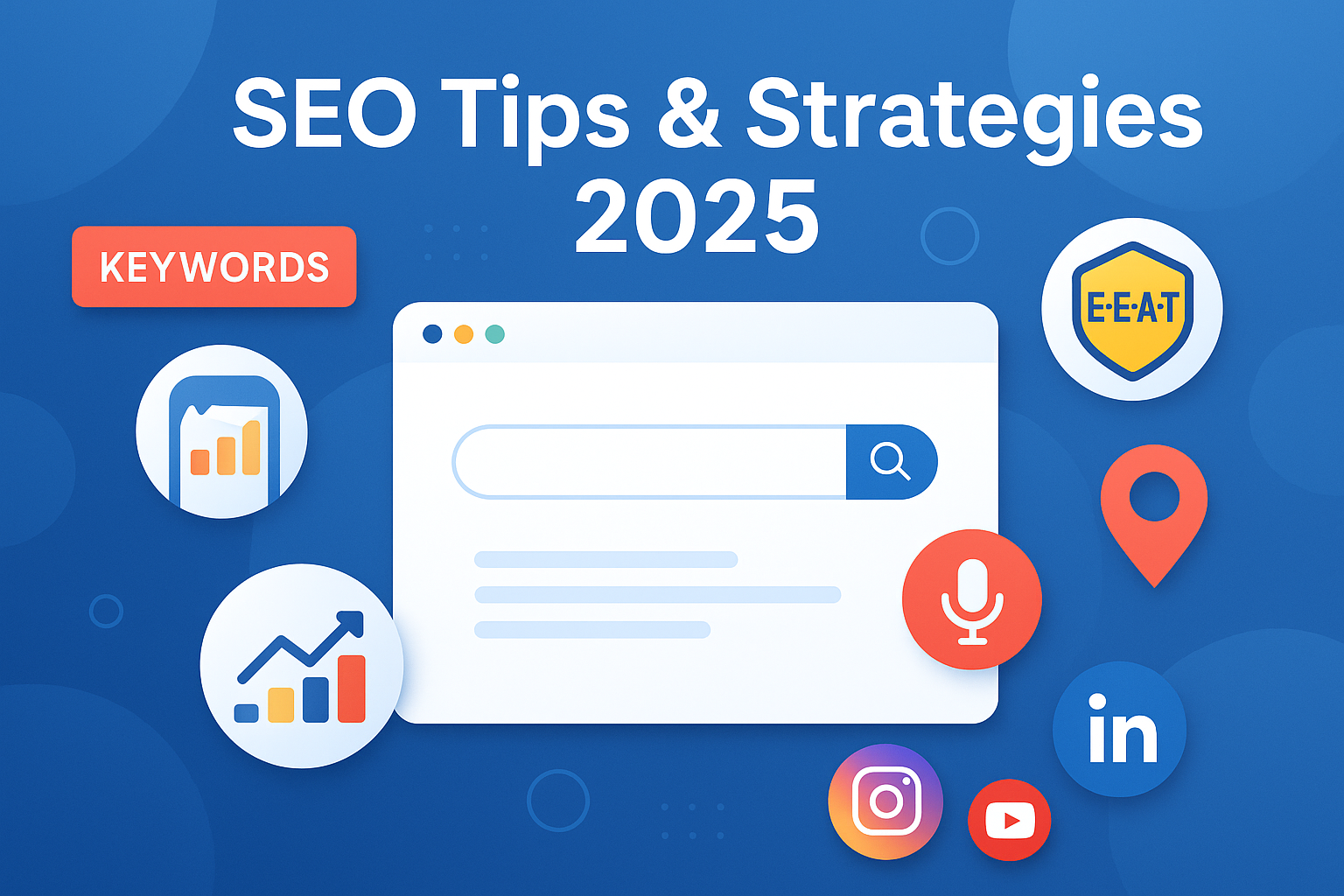 Featured image for blog post on SEO tips and techniques in 2025 showing search engine interface, keywords, E-E-A-T, social media, and analytics icons.