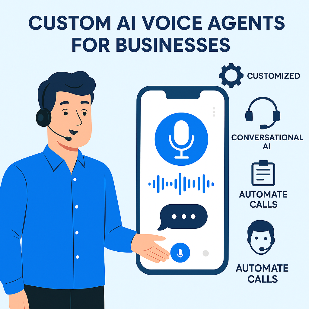 Illustration of a businessperson interacting with a custom AI voice agent on a smartphone, showing call automation, conversational AI, and customization features.