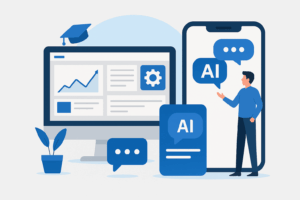 Illustration of AI chatbot and dashboard features integrated into a website and mobile app interface.