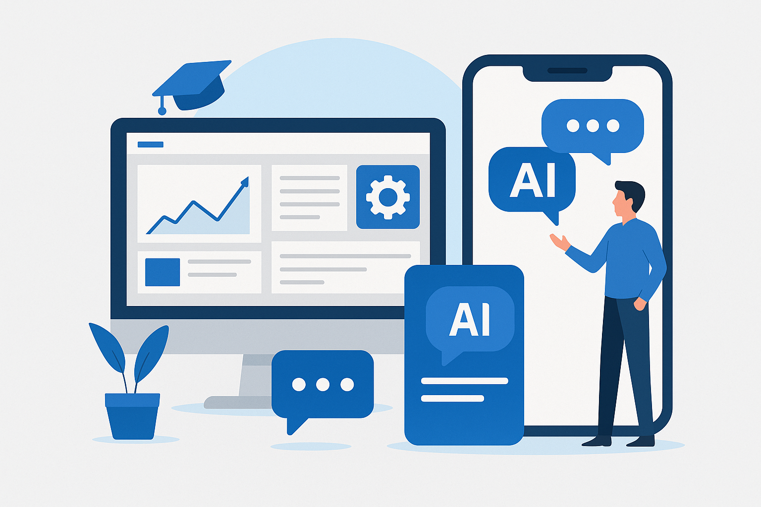Illustration of AI chatbot and dashboard features integrated into a website and mobile app interface.