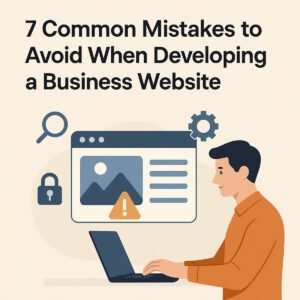 Illustration of a developer working on a website with icons for SEO, security, and design, highlighting common web development mistakes.