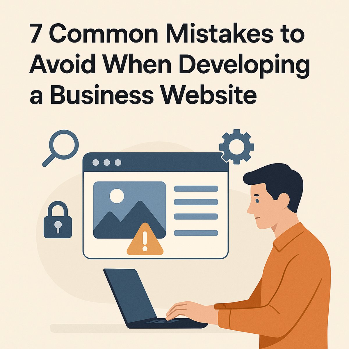 Illustration of a developer working on a website with icons for SEO, security, and design, highlighting common web development mistakes.
