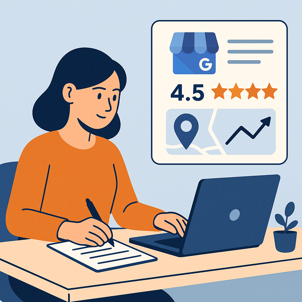 A small business owner working on optimizing her Google Business Profile with maps, ratings, and growth charts visible on screen.