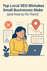 A concerned businesswoman working on her laptop, surrounded by icons of a map marker, warning signs, and low ratings, representing common local SEO mistakes.