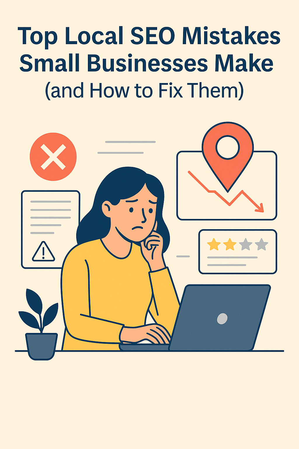 A concerned businesswoman working on her laptop, surrounded by icons of a map marker, warning signs, and low ratings, representing common local SEO mistakes.