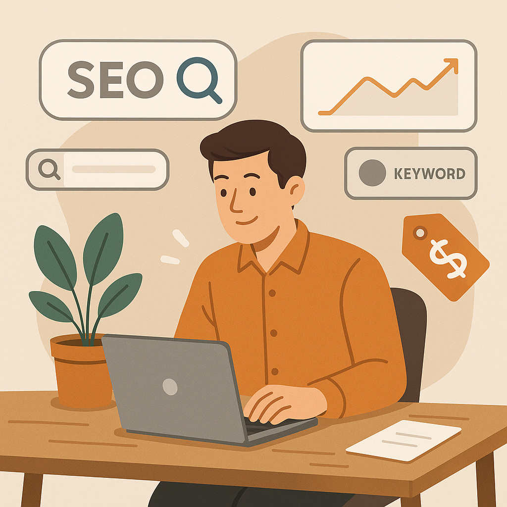 Small business owner working on SEO strategy with icons like keyword, graph, and pricing tag in a warm-toned digital illustration.