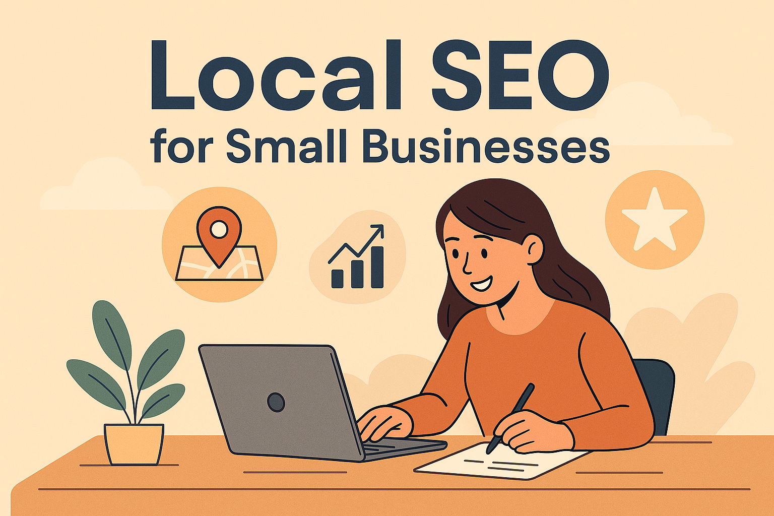 A female small business owner working on local SEO strategy at her desk, with visuals representing maps, rankings, and reviews.