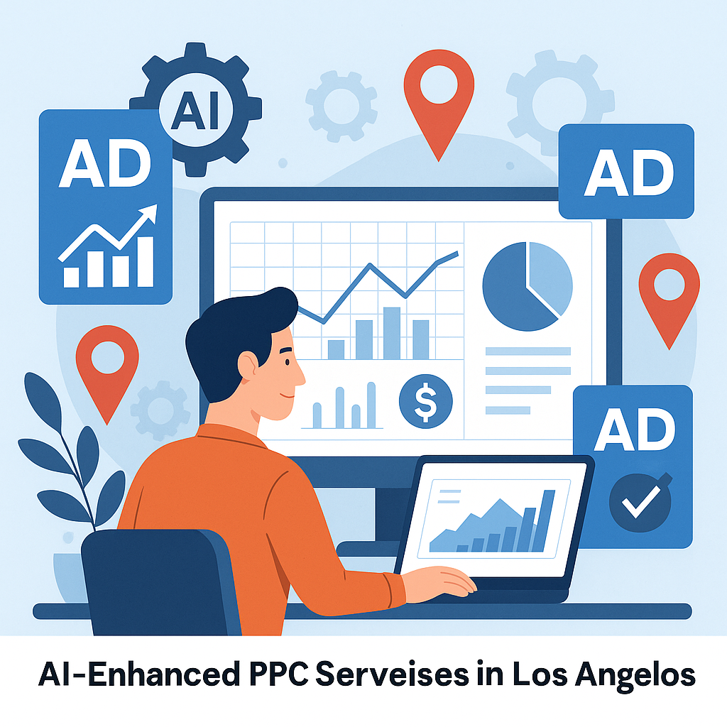 Illustration of a digital marketer managing AI-powered PPC campaigns in Los Angeles, with charts, ad visuals, and automation icons.