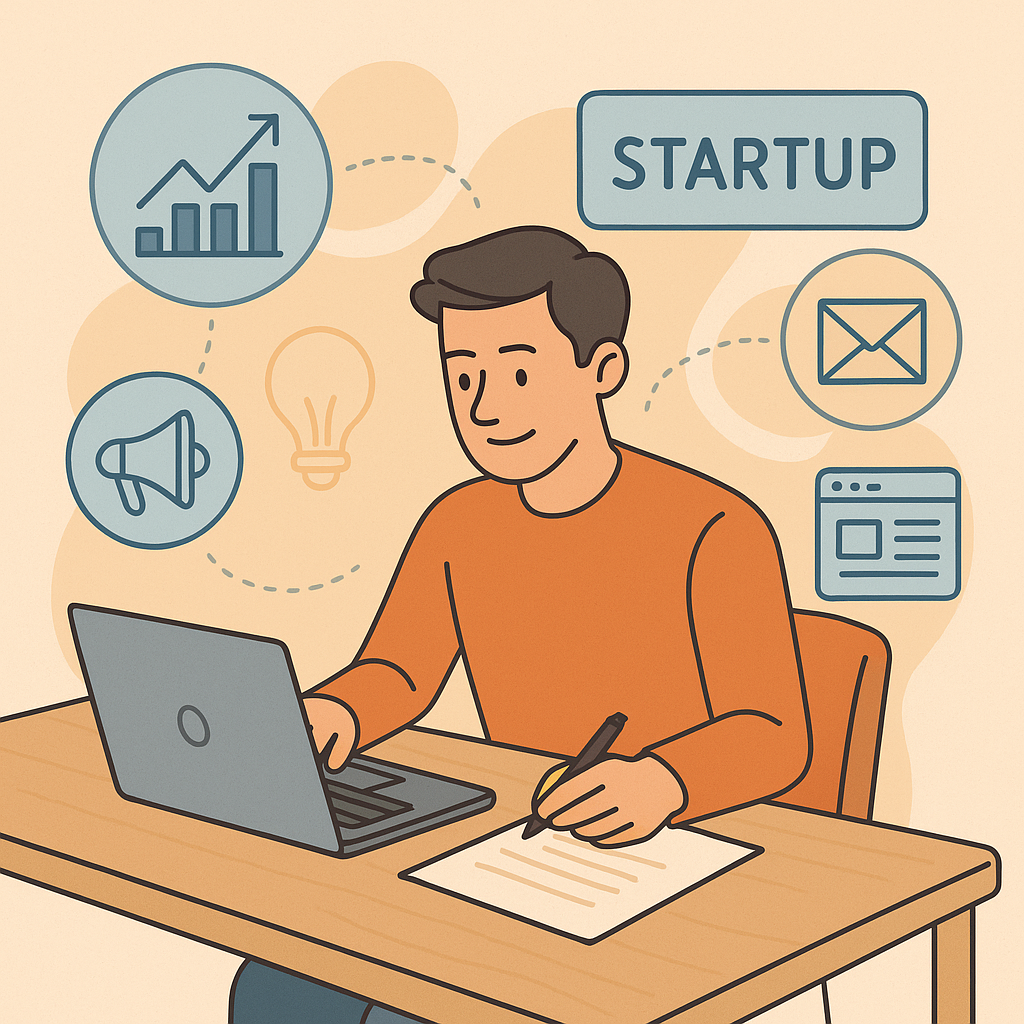 A young startup founder writing digital marketing strategies at a desk with a laptop, representing budget-friendly growth planning.