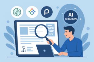 Flat-style illustration of a marketer optimizing content for AI search engines, featuring icons of ChatGPT, Google AI, and Perplexity, with an AI citation badge.