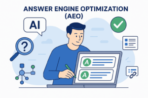 Flat-style illustration of a marketer optimizing content for AI-driven answer engines with structured data, Q&A, and search elements.