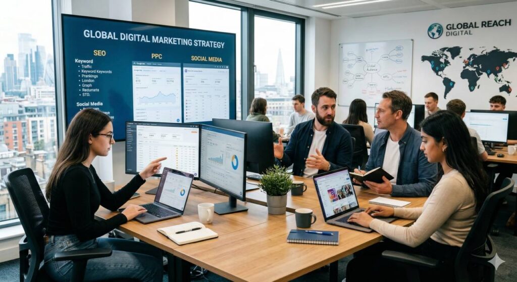 global digital marketing agency team working on SEO PPC and social media campaigns
